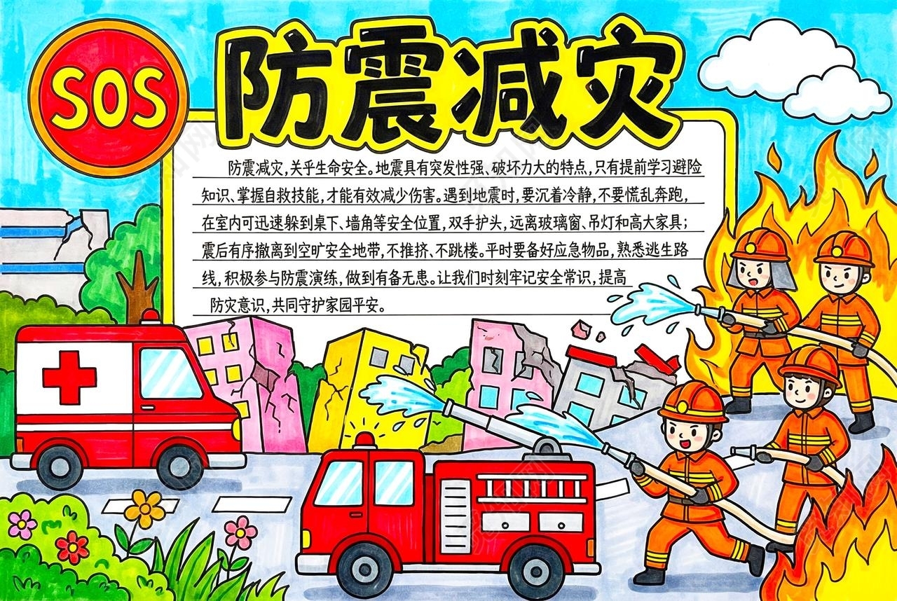 彩色卡通手绘防震减灾小报手抄报全国防灾减灾日