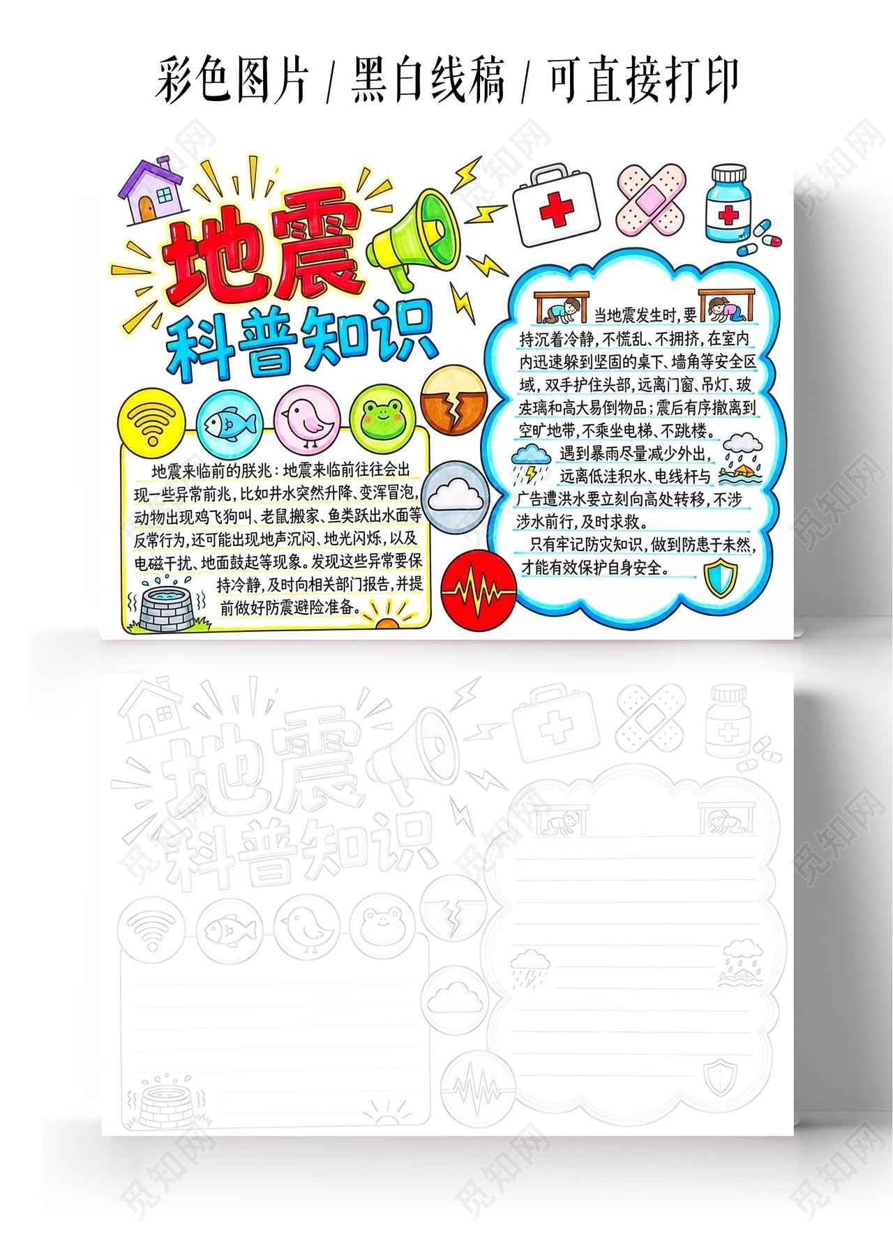 彩色卡通手绘地震科普知识小报手抄报全国防灾减灾日