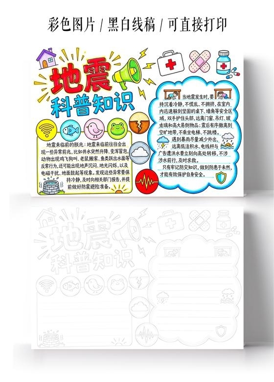 彩色卡通手绘地震科普知识小报手抄报全国防灾减灾日