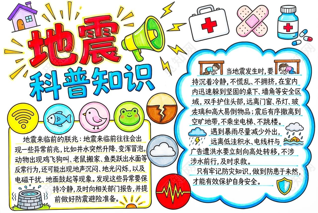 彩色卡通手绘地震科普知识小报手抄报全国防灾减灾日