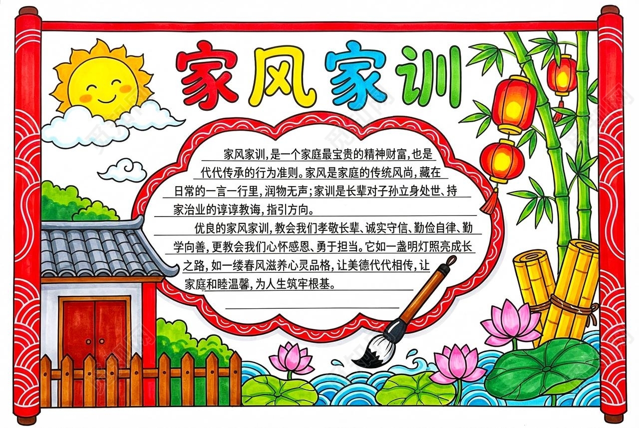 彩色卡通手绘家风家训小报手抄报小学生手抄报