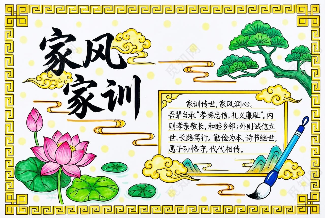 彩色卡通手绘家风家训小报手抄报小学生手抄报