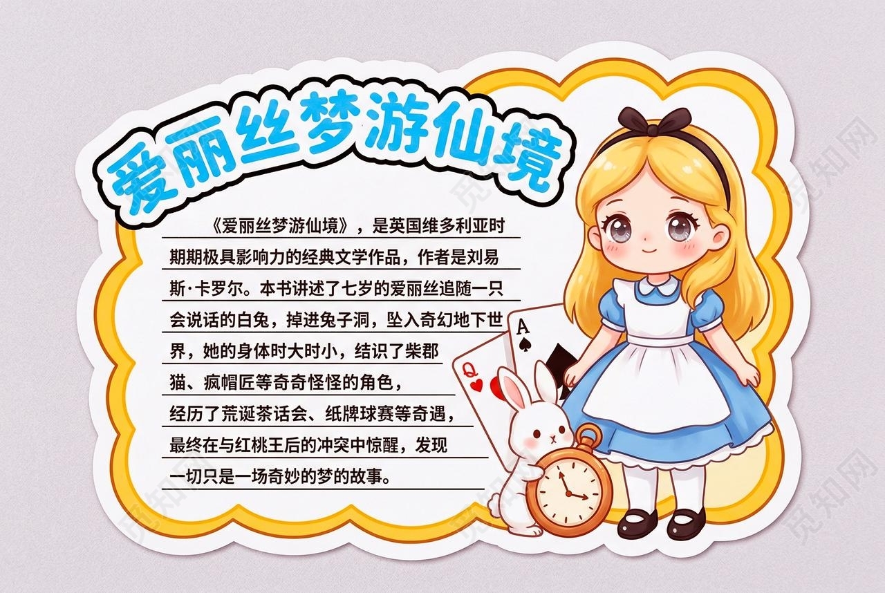 彩色卡通手绘爱丽丝梦游仙境小报手抄报小学生手抄报