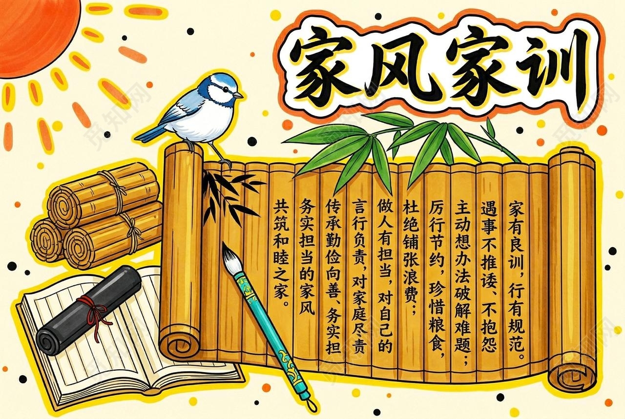 彩色卡通手绘家风家训小报手抄报小学生手抄报