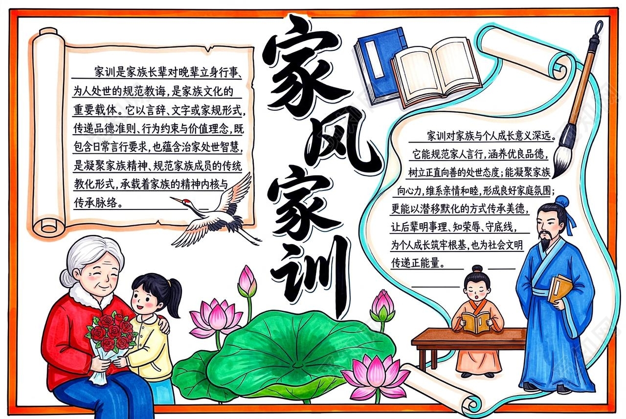 彩色卡通手绘家风家训小报手抄报小学生手抄报