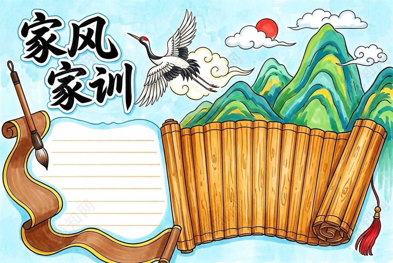 彩色卡通手绘家风家训小报手抄报小学生手抄报