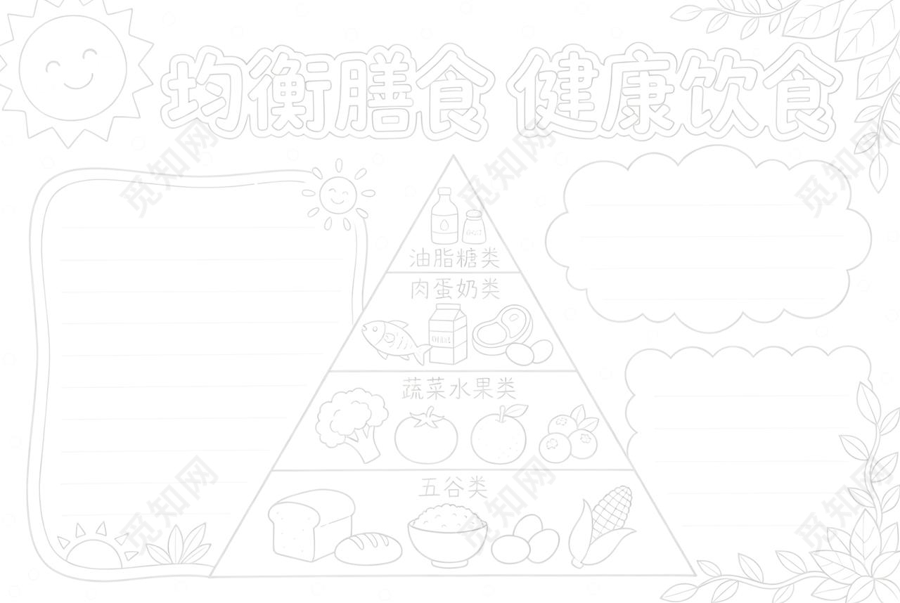 彩色卡通手绘均衡膳食 健康饮食小报手抄报小学生手抄报