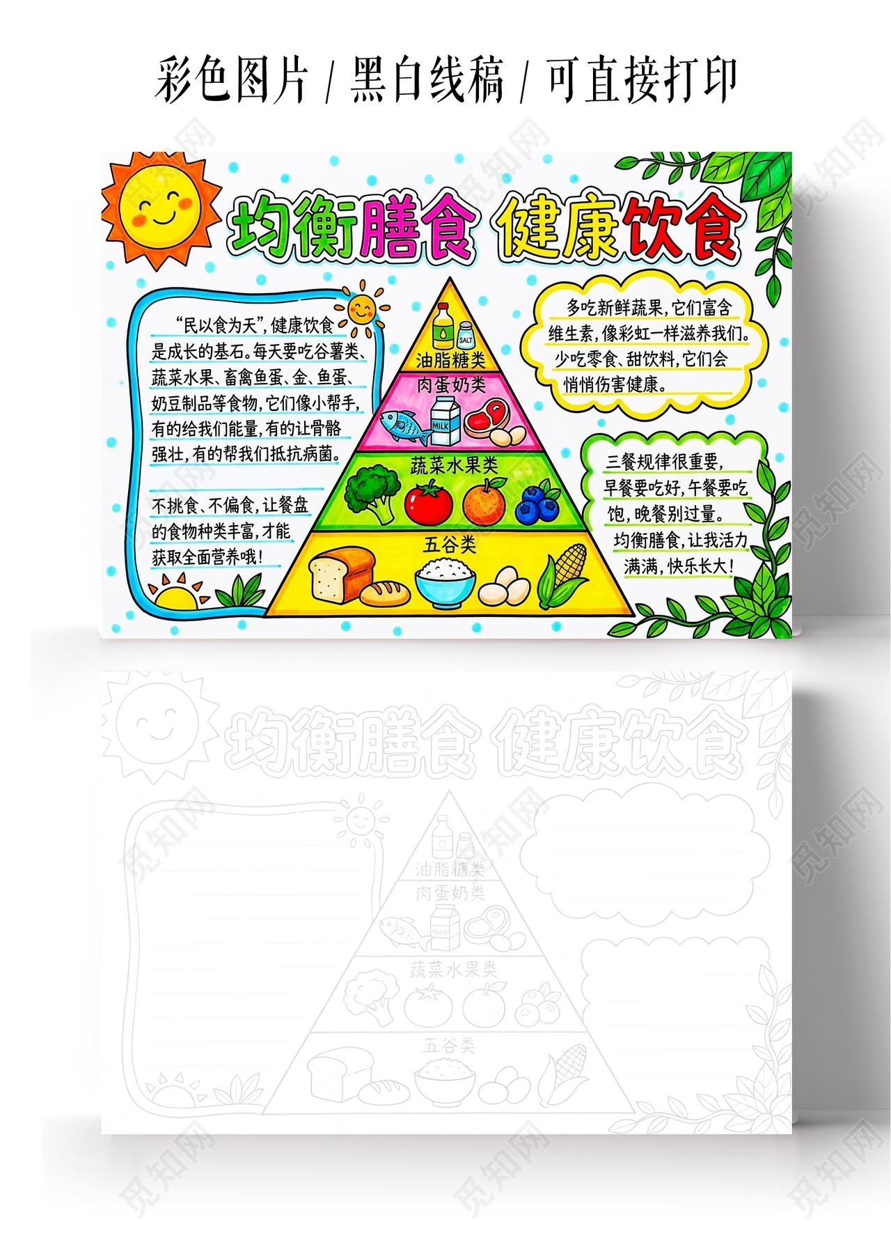 彩色卡通手绘均衡膳食 健康饮食小报手抄报小学生手抄报