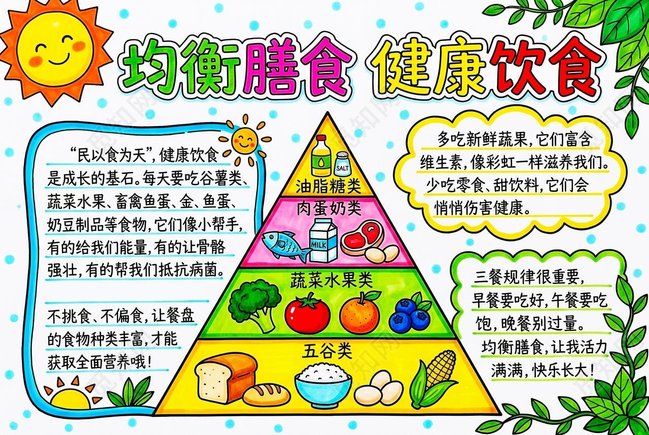 彩色卡通手绘均衡膳食 健康饮食小报手抄报小学生手抄报