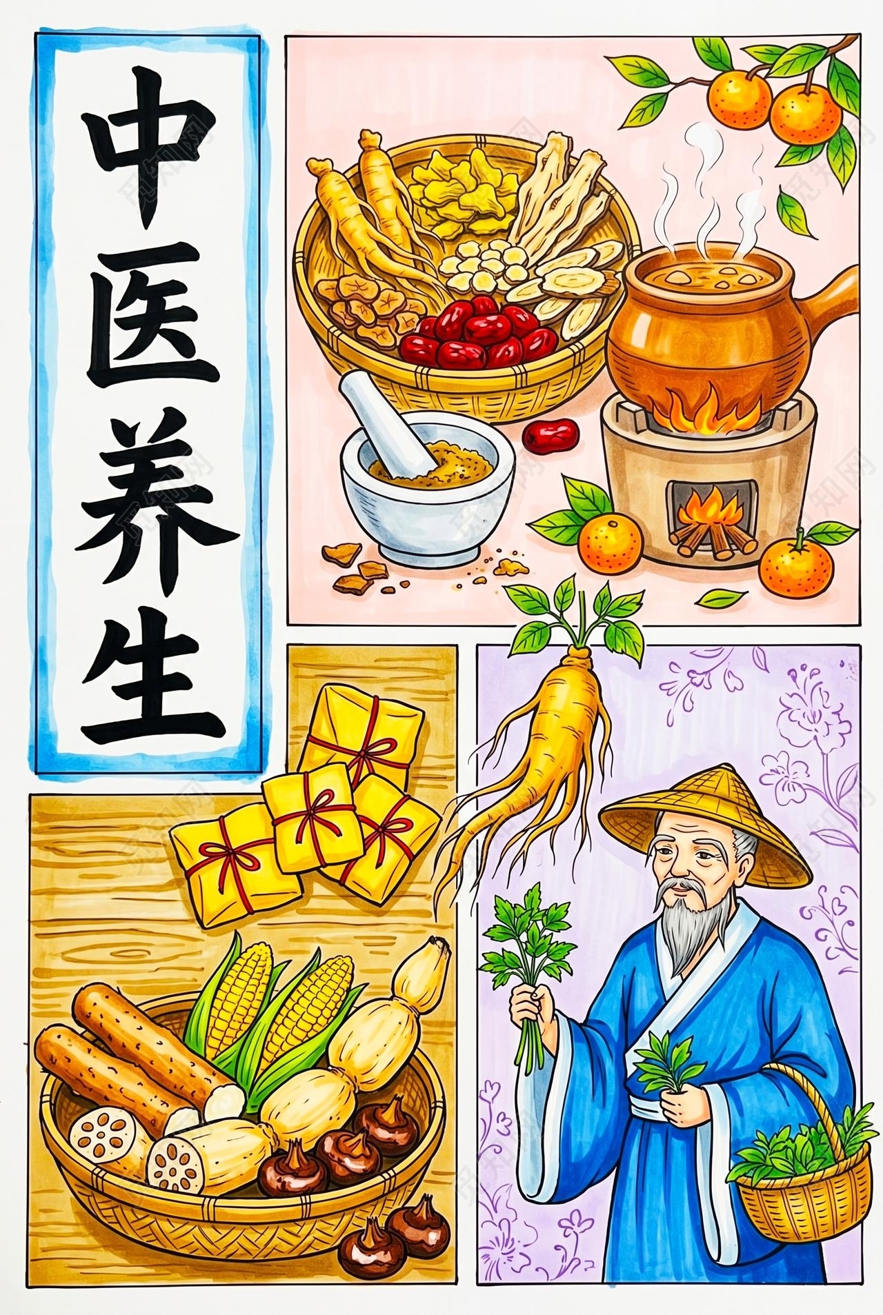 彩色卡通手绘中医养生小报手抄报小学生手抄报