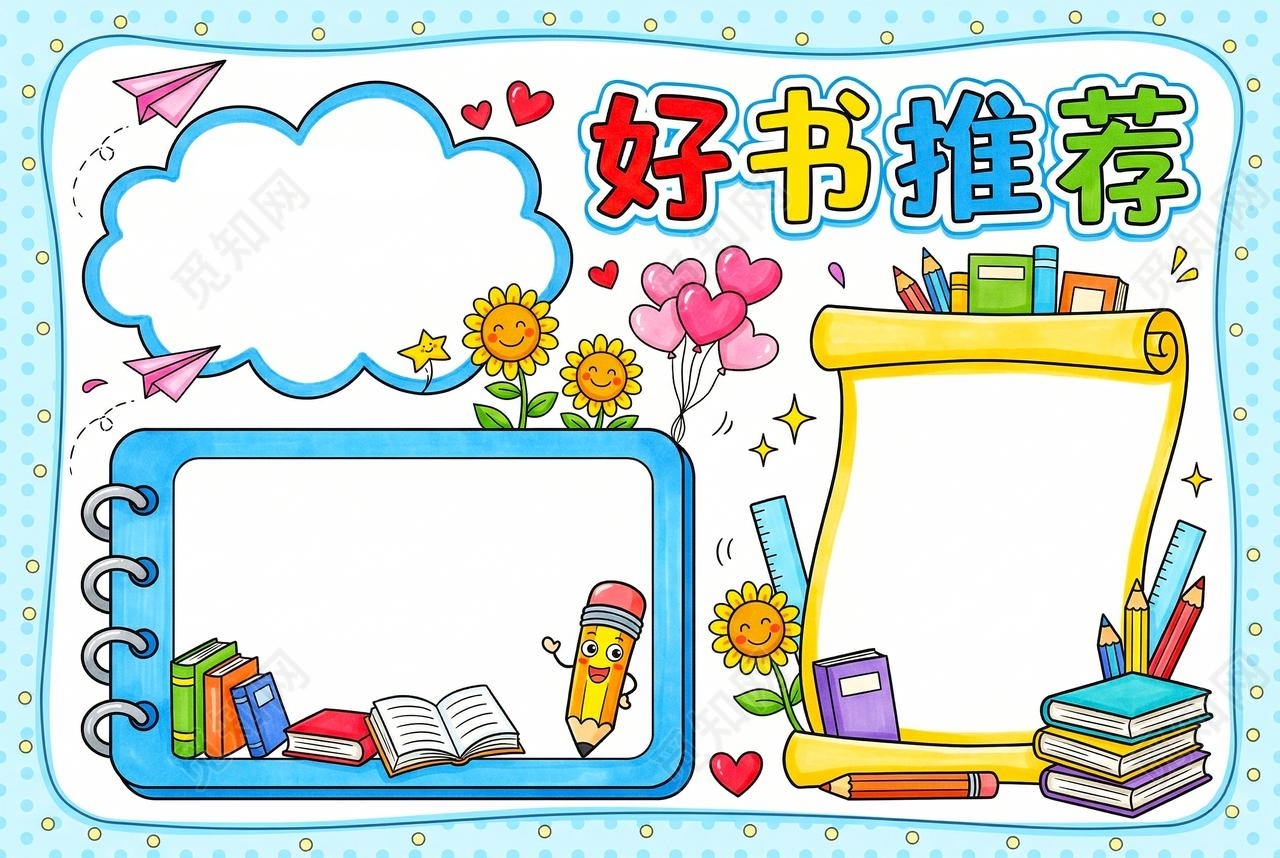 彩色卡通手绘好书推荐小报手抄报小学生手抄报
