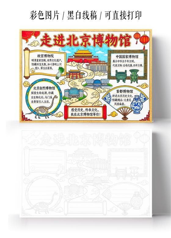 彩色卡通手绘走进北京博物馆小报手抄报小学生手抄报