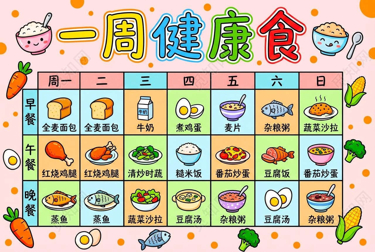 彩色卡通手绘一周健康食小报手抄报小学生手抄报