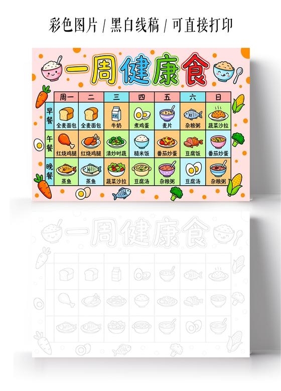彩色卡通手绘一周健康食小报手抄报小学生手抄报