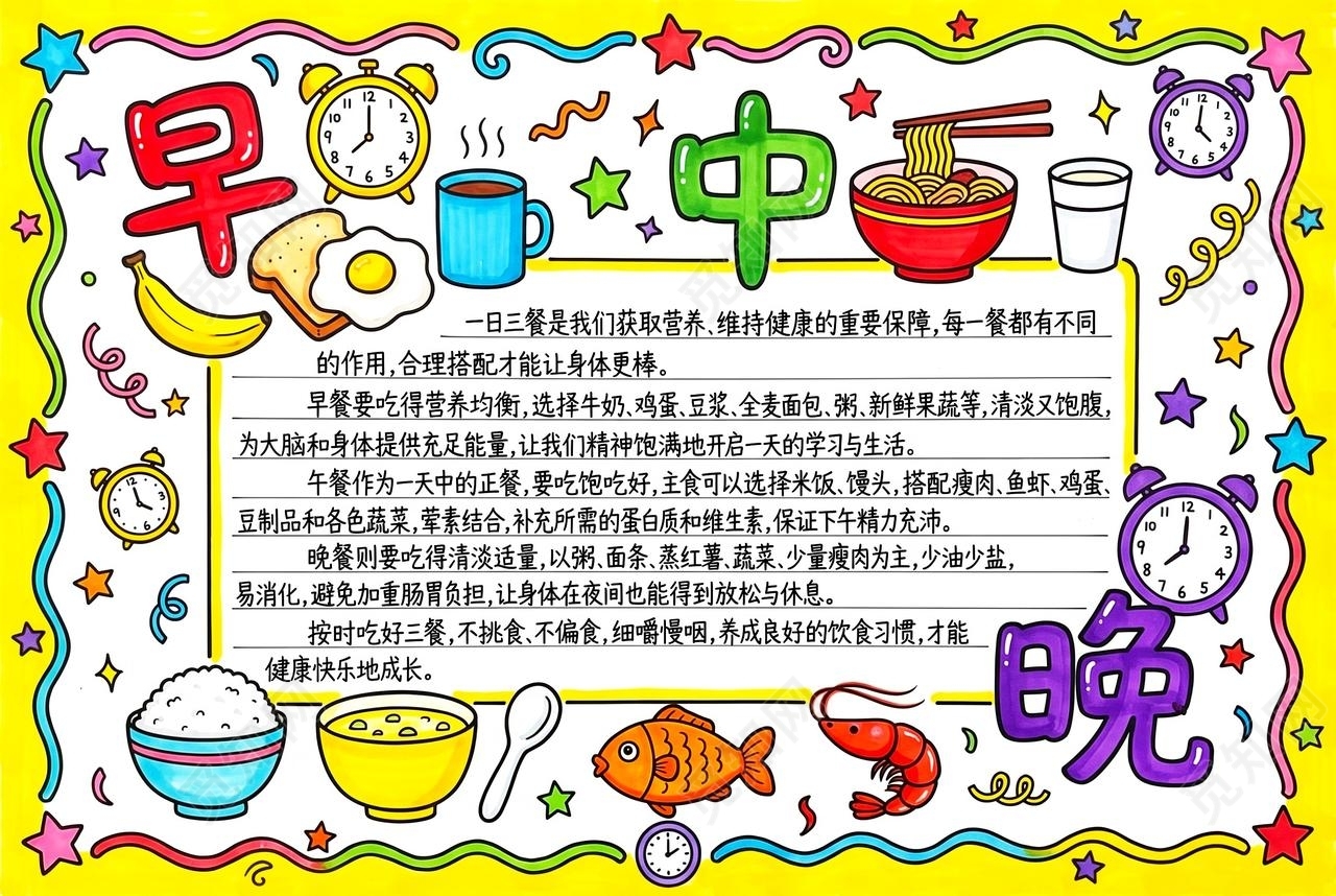 彩色卡通手绘早中晚食谱小报手抄报小学生手抄报