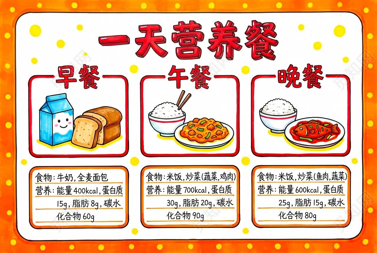 彩色卡通手绘一天营养餐小报手抄报小学生手抄报