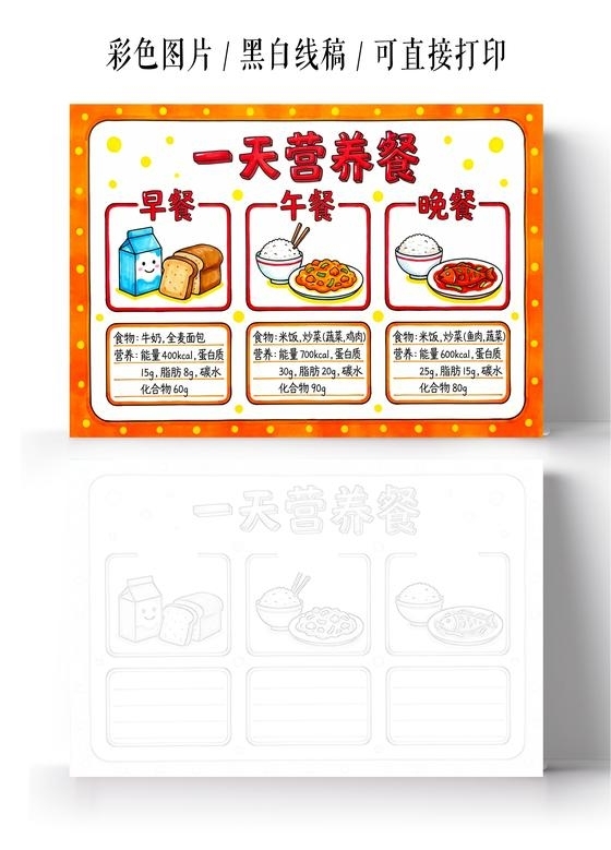 彩色卡通手绘一天营养餐小报手抄报小学生手抄报
