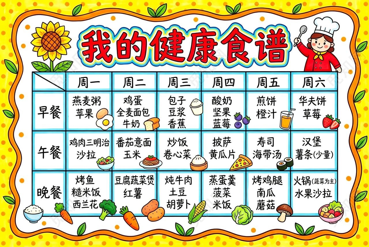 彩色卡通手绘我的健康食谱小报手抄报小学生手抄报