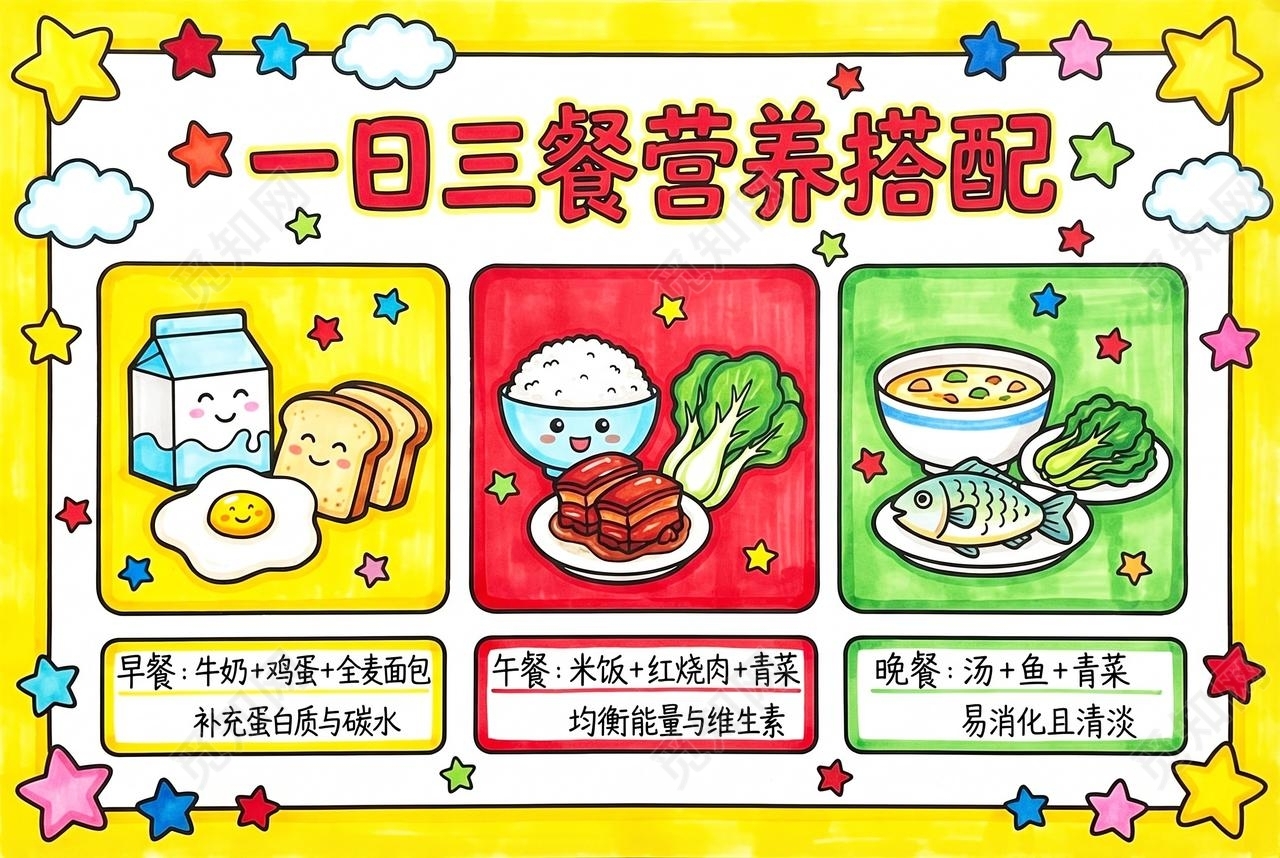 彩色卡通手绘一日三餐营养搭配小报手抄报小学生手抄报