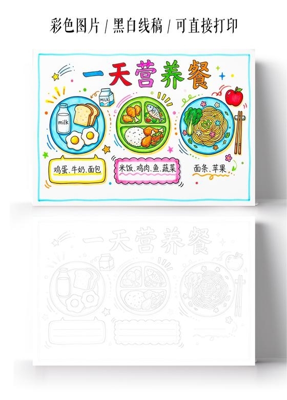 彩色卡通手绘一天营养餐小报手抄报小学生手抄报