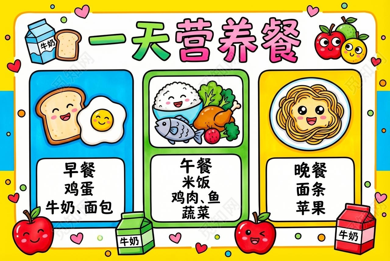 彩色卡通手绘一天营养餐小报手抄报小学生手抄报