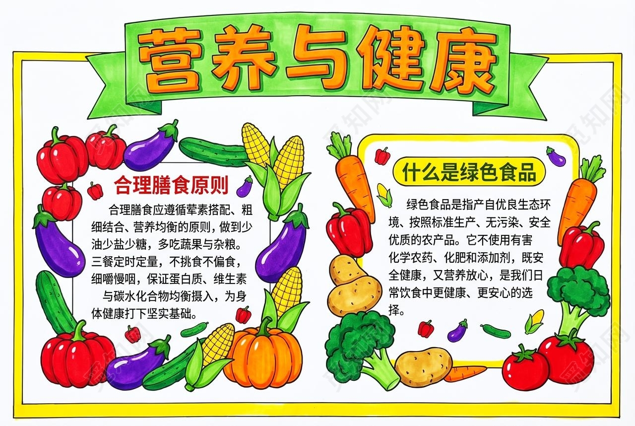 彩色卡通手绘营养与健康小报手抄报小学生手抄报