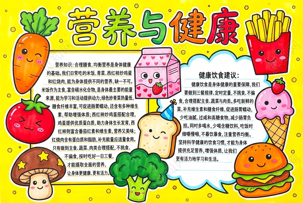彩色卡通手绘营养与健康小报手抄报小学生手抄报