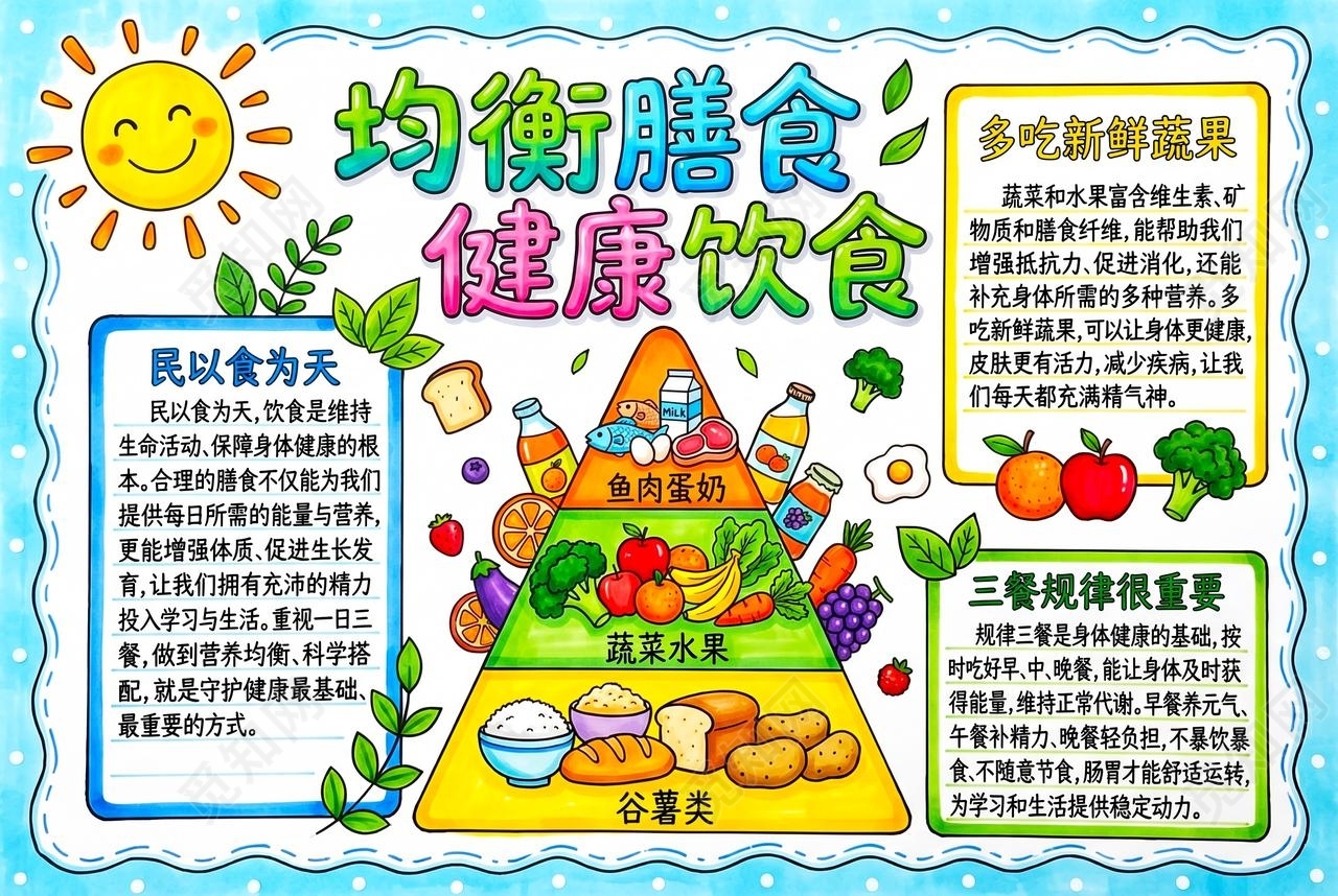 彩色卡通手绘均衡膳食健康饮食小报手抄报小学生手抄报
