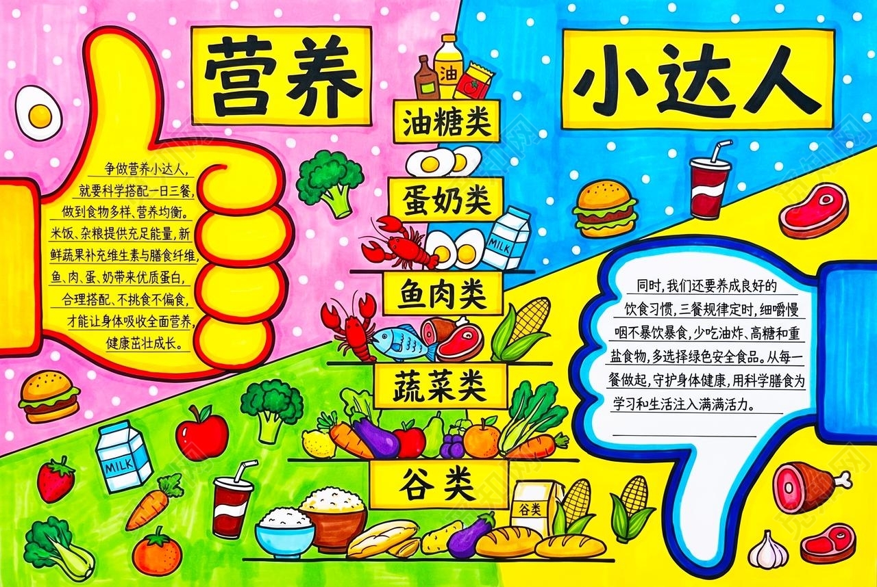 彩色卡通手绘营养小达人小报手抄报小学生手抄报