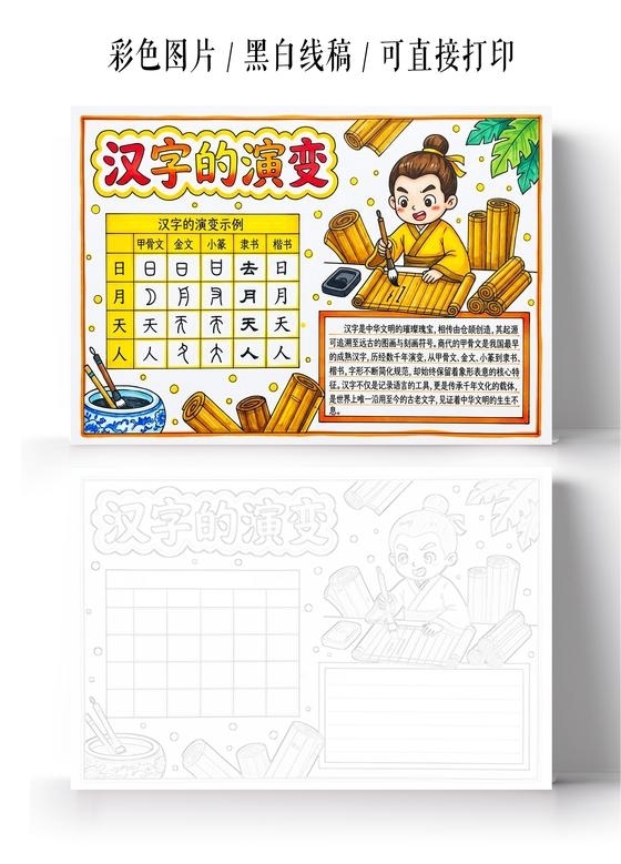 彩色卡通手绘汉字的演变小报手抄报小学生手抄报