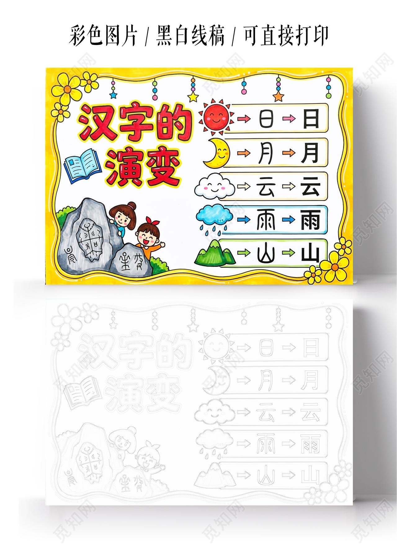 彩色卡通手绘汉字的演变小报手抄报小学生手抄报