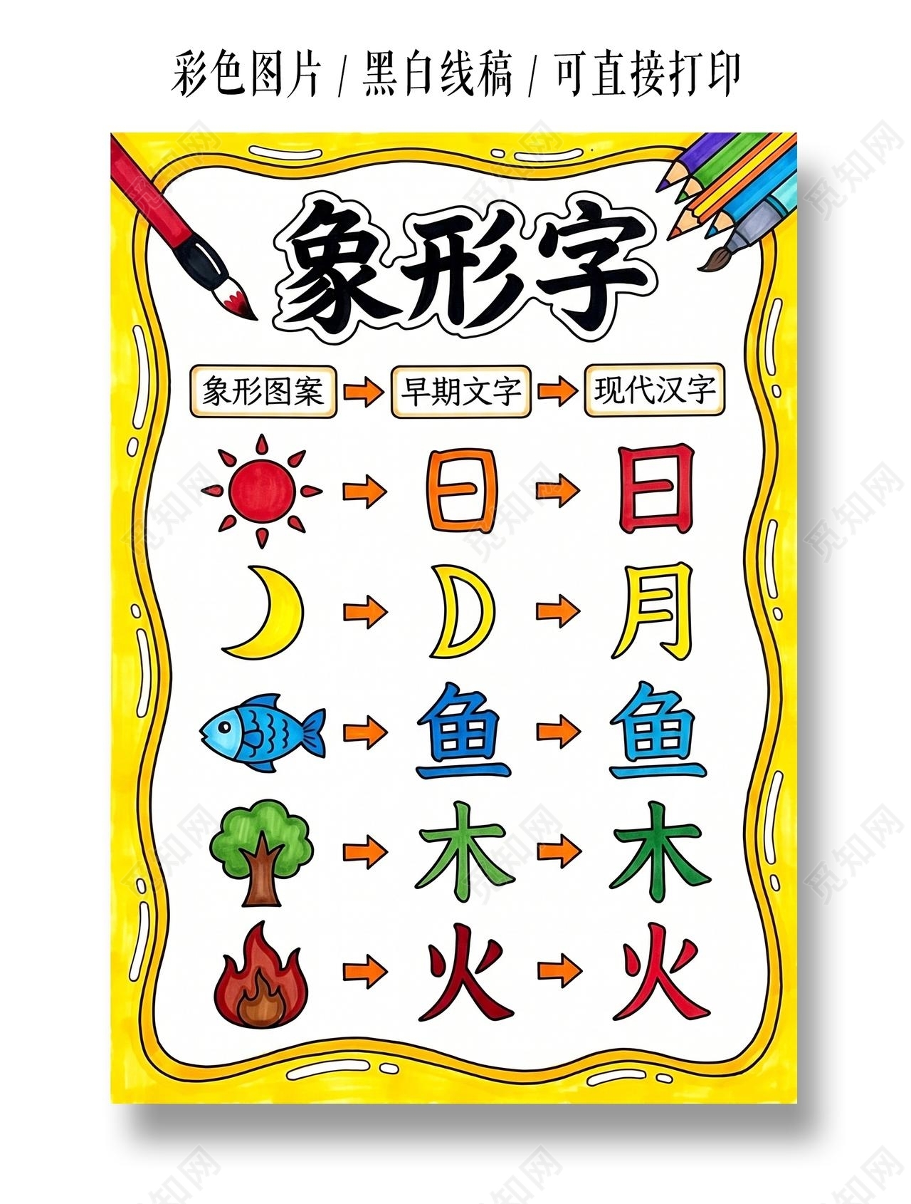 彩色卡通手绘象形字小报手抄报小学生手抄报
