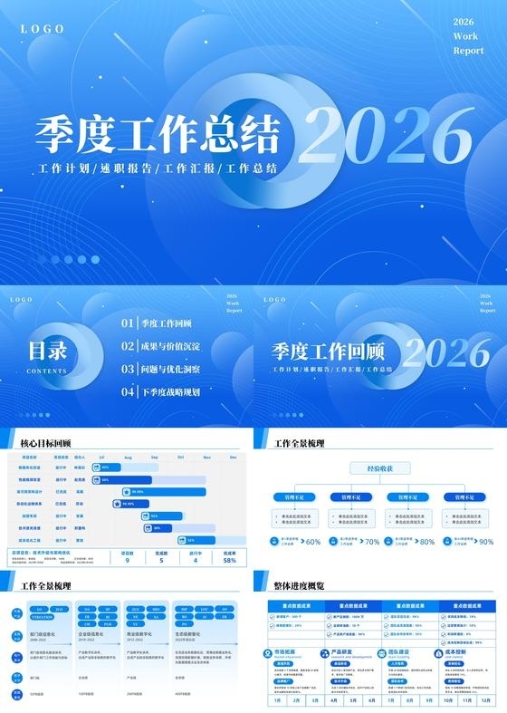 蓝色简约2026季度工作总结工作汇报PPT模板