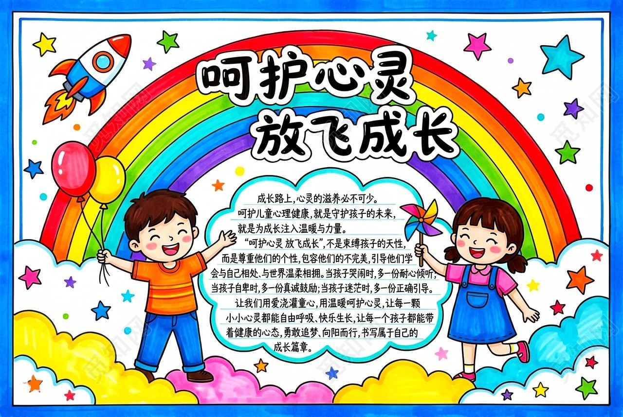 彩色卡通手绘呵护心灵放飞成长小报手抄报小学生手抄报