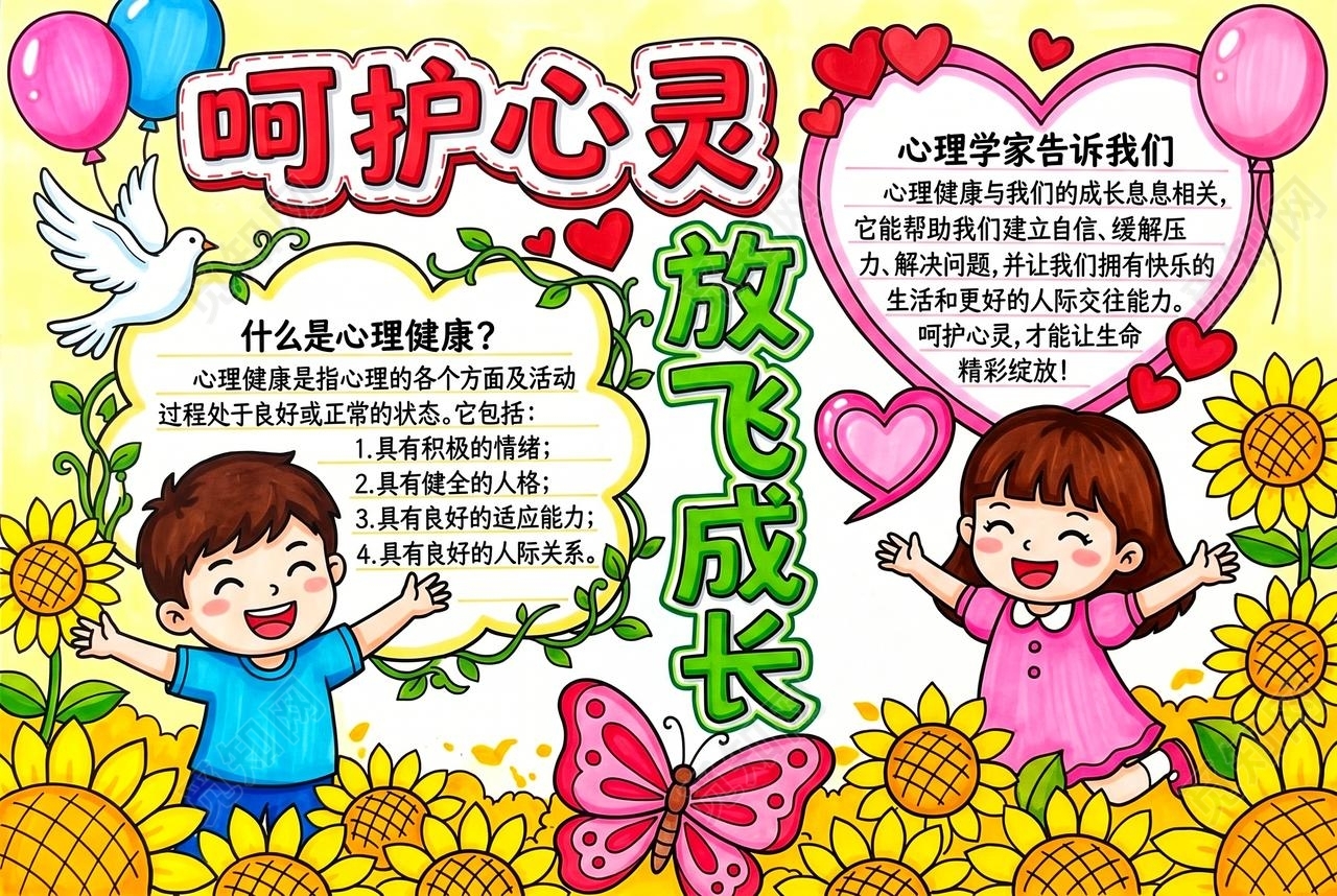 彩色卡通手绘呵护心灵放飞成长小报手抄报小学生手抄报