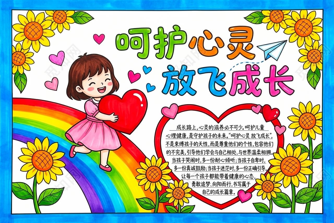 彩色卡通手绘呵护心灵放飞成长小报手抄报小学生手抄报
