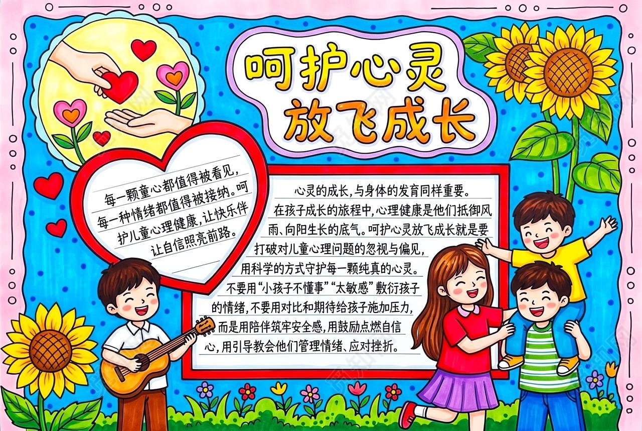 彩色卡通手绘呵护心灵放飞成长小报手抄报小学生手抄报