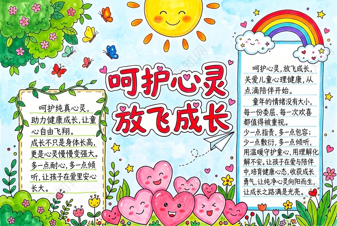 彩色卡通手绘呵护心灵放飞成长小报手抄报小学生手抄报