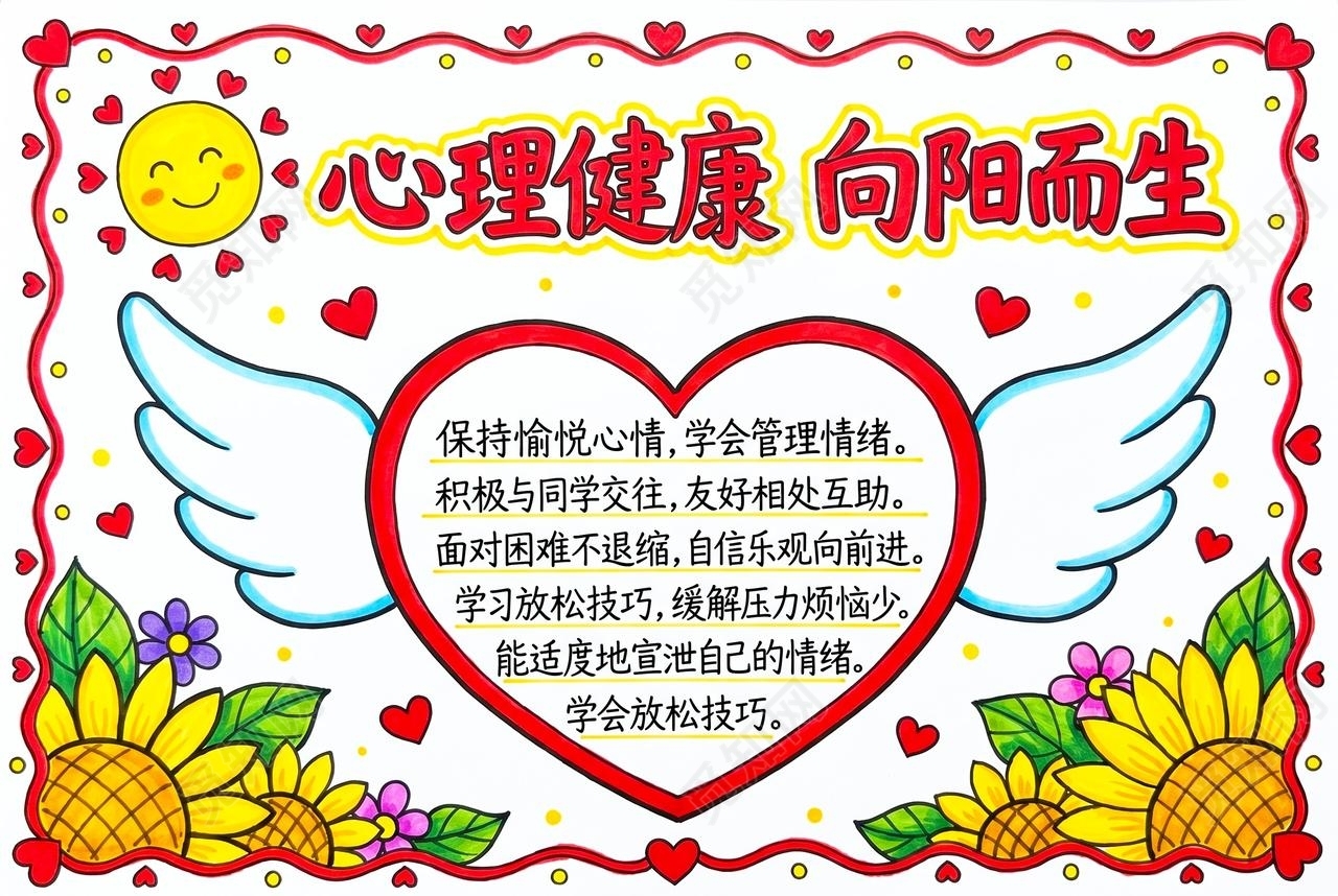 彩色卡通手绘心理健康向阳而生小报手抄报大学生心理健康日