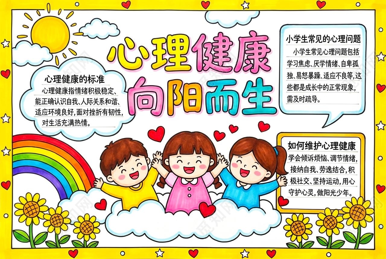 彩色卡通手绘心理健康向阳而生小报手抄报大学生心理健康日