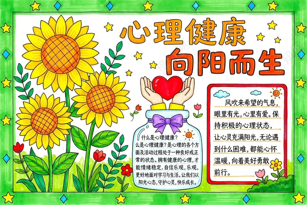 彩色卡通手绘心理健康向阳而生小报手抄报大学生心理健康日