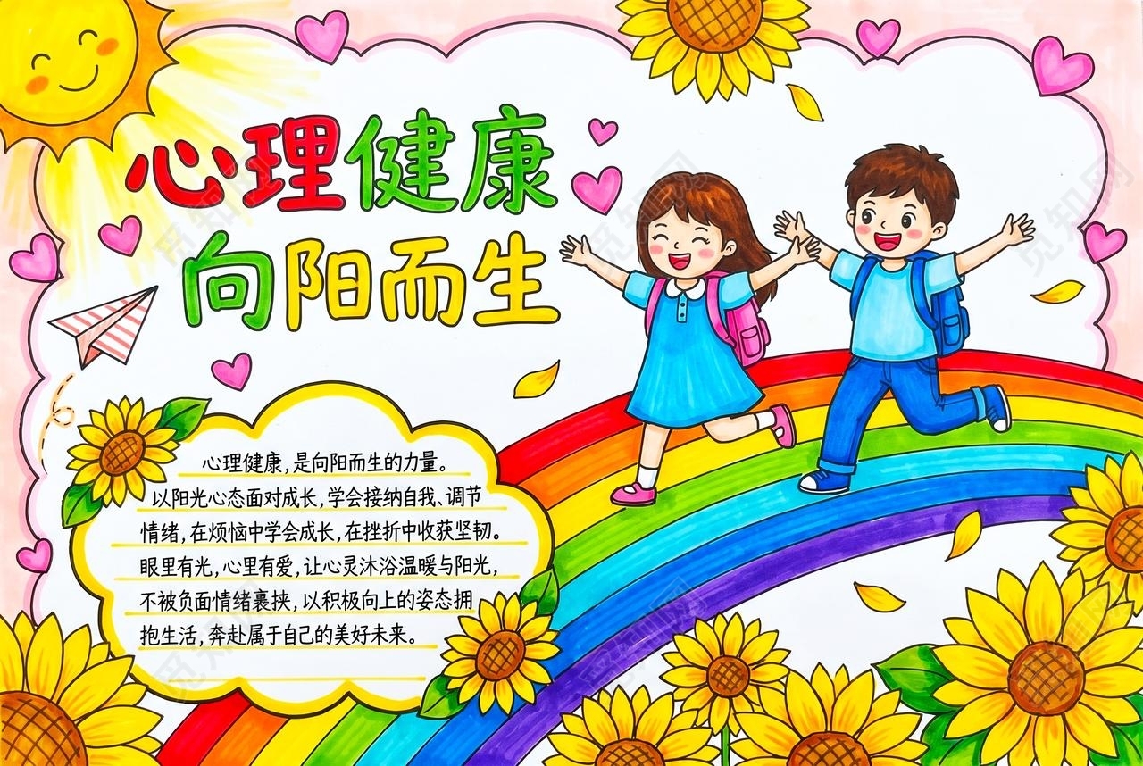 彩色卡通手绘心理健康向阳而生小报手抄报大学生心理健康日