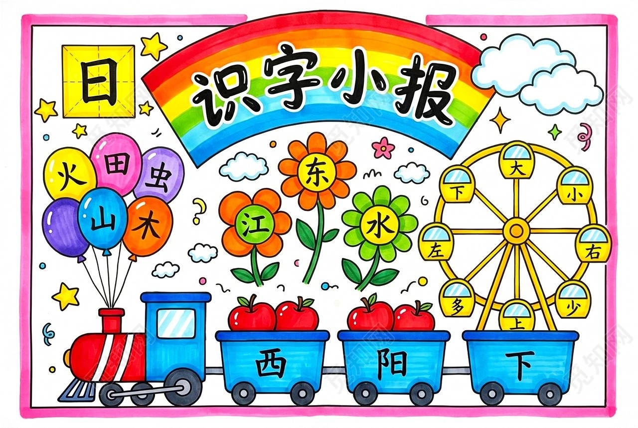 彩色卡通手绘识字小报手抄报小学生手抄报