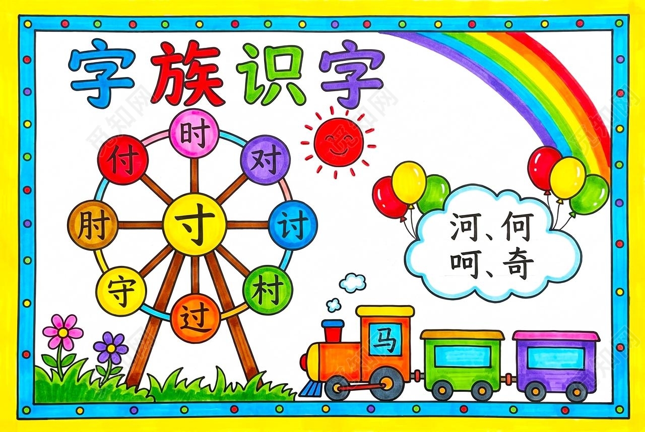 彩色卡通手绘字族识字小报手抄报小学生手抄报