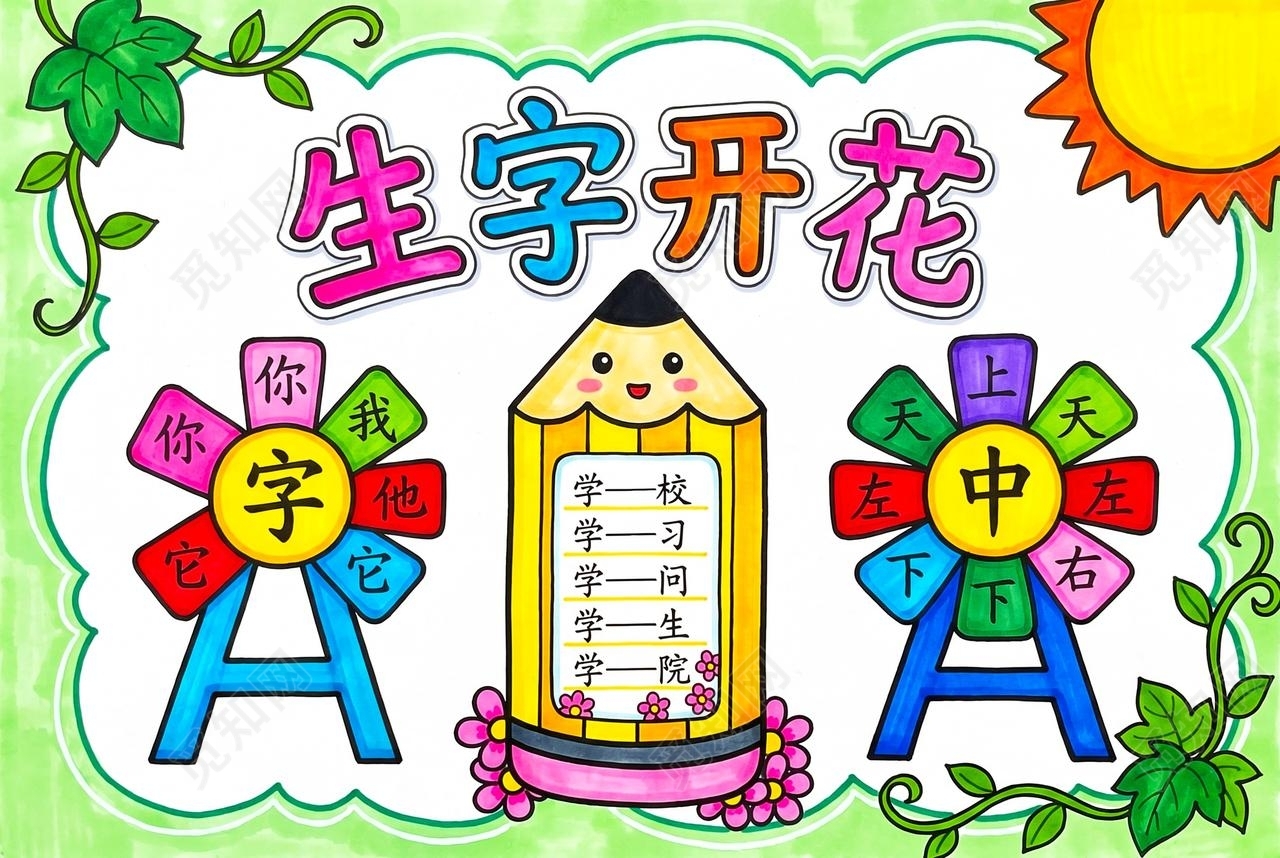 彩色卡通手绘生字开花小报手抄报小学生手抄报