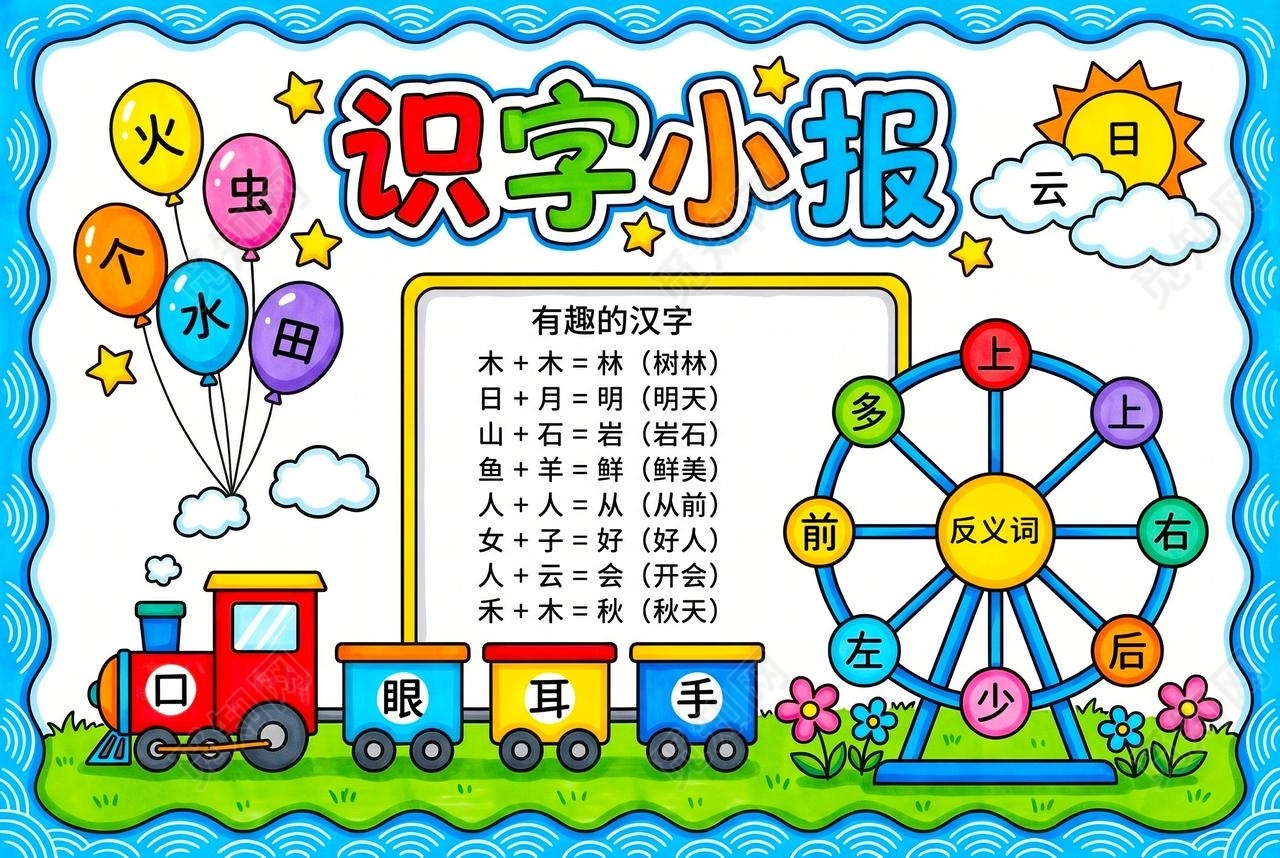 彩色卡通手绘识字小报手抄报小学生手抄报