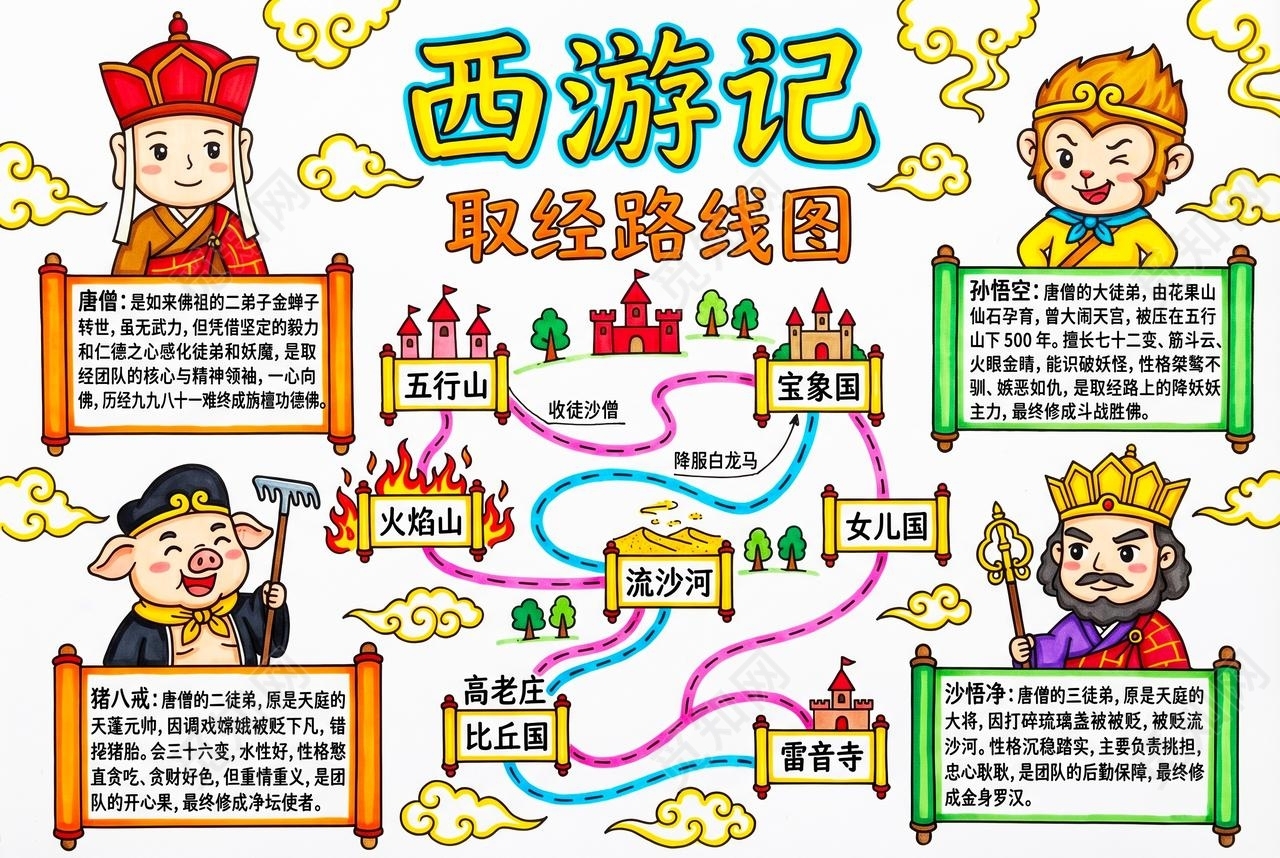 彩色卡通手绘西游记取经路线图手抄报小报小学生手抄报