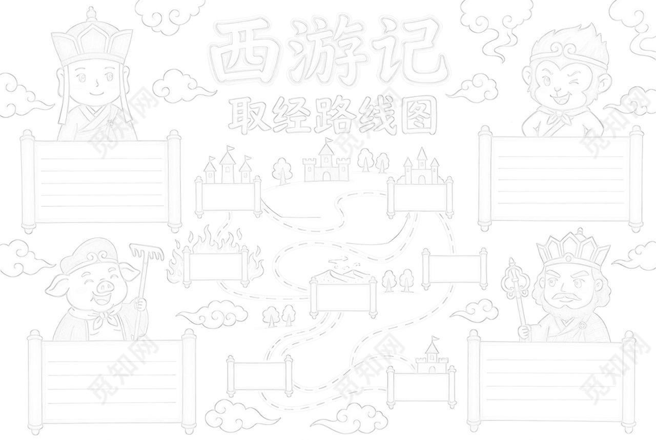彩色卡通手绘西游记取经路线图手抄报小报小学生手抄报