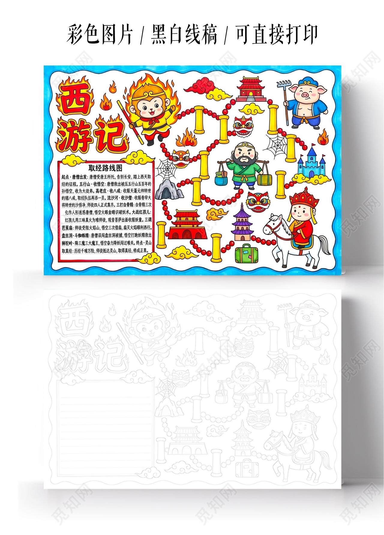 彩色卡通手绘西游记取经路线图手抄报小报小学生手抄报