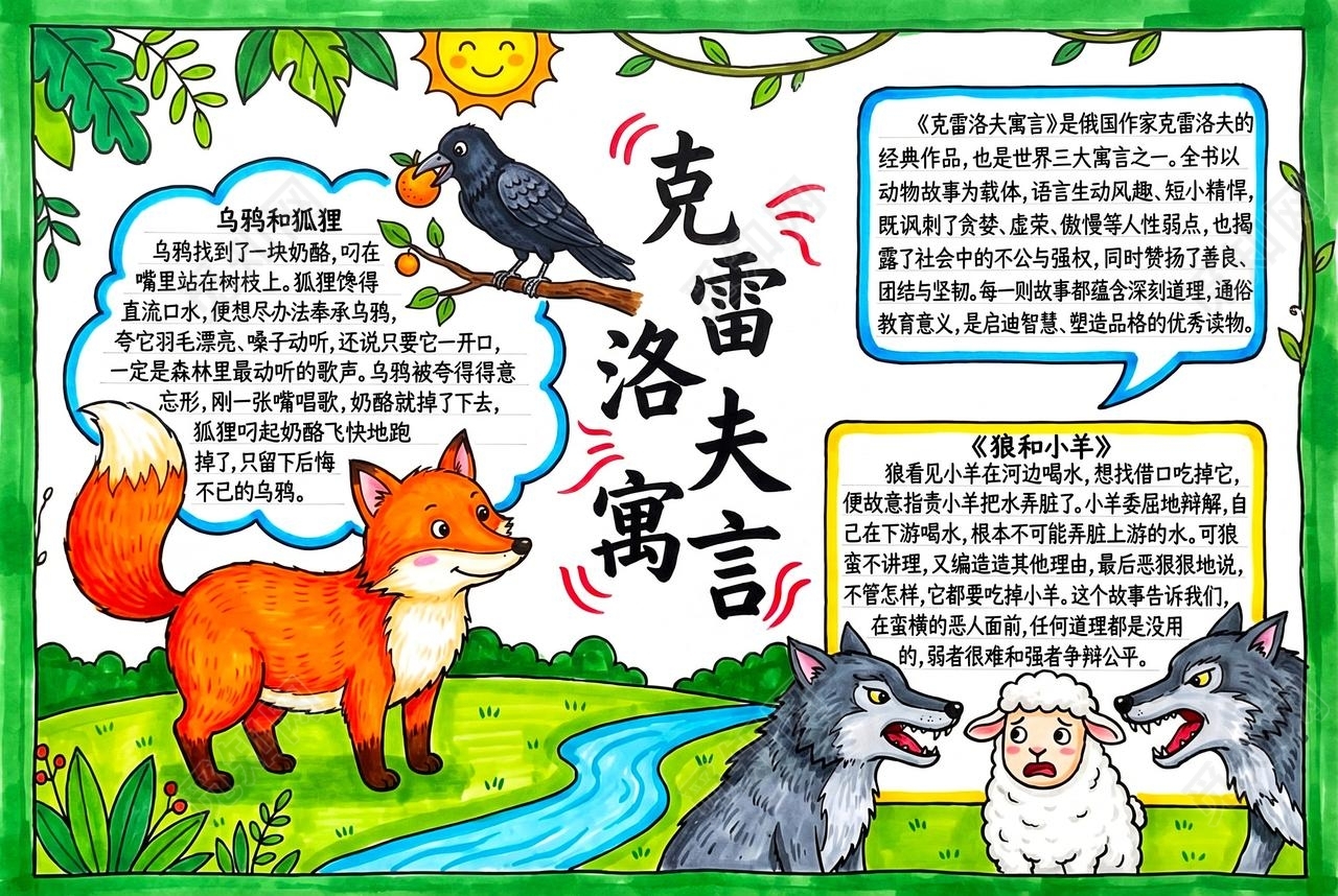 彩色卡通手绘克雷洛夫寓言手抄报小报小学生手抄报